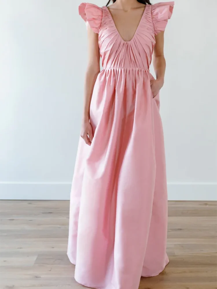 Robe de soirée trapèze froncée rose classique, col en v, robes de bal d'anniversaire personnalisées