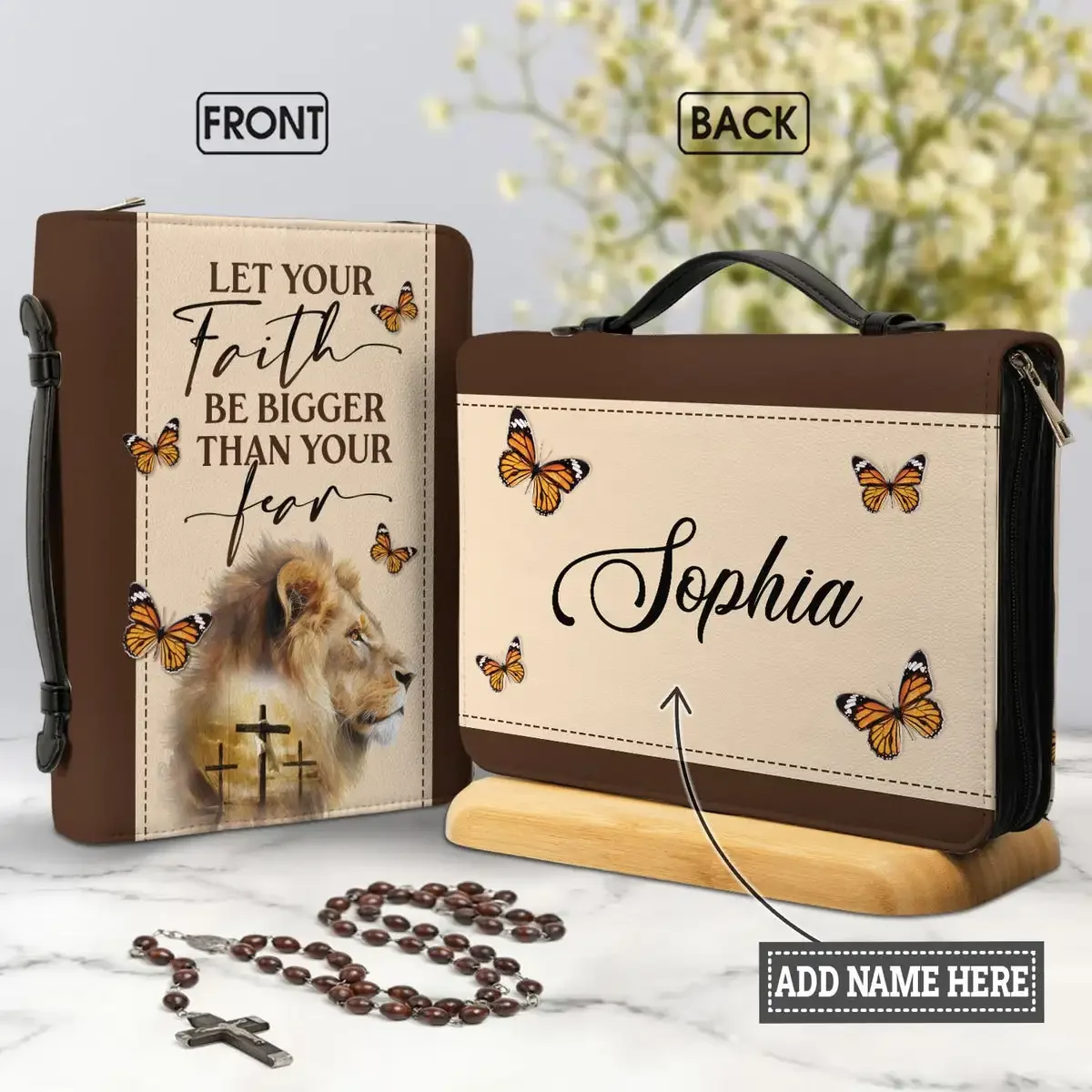 Presonalized Bible Cover Case Let Your Faith Be Bigger Than Your Fear Lion Bible Hymn Print Women's Zippered Handle Handbag Gift