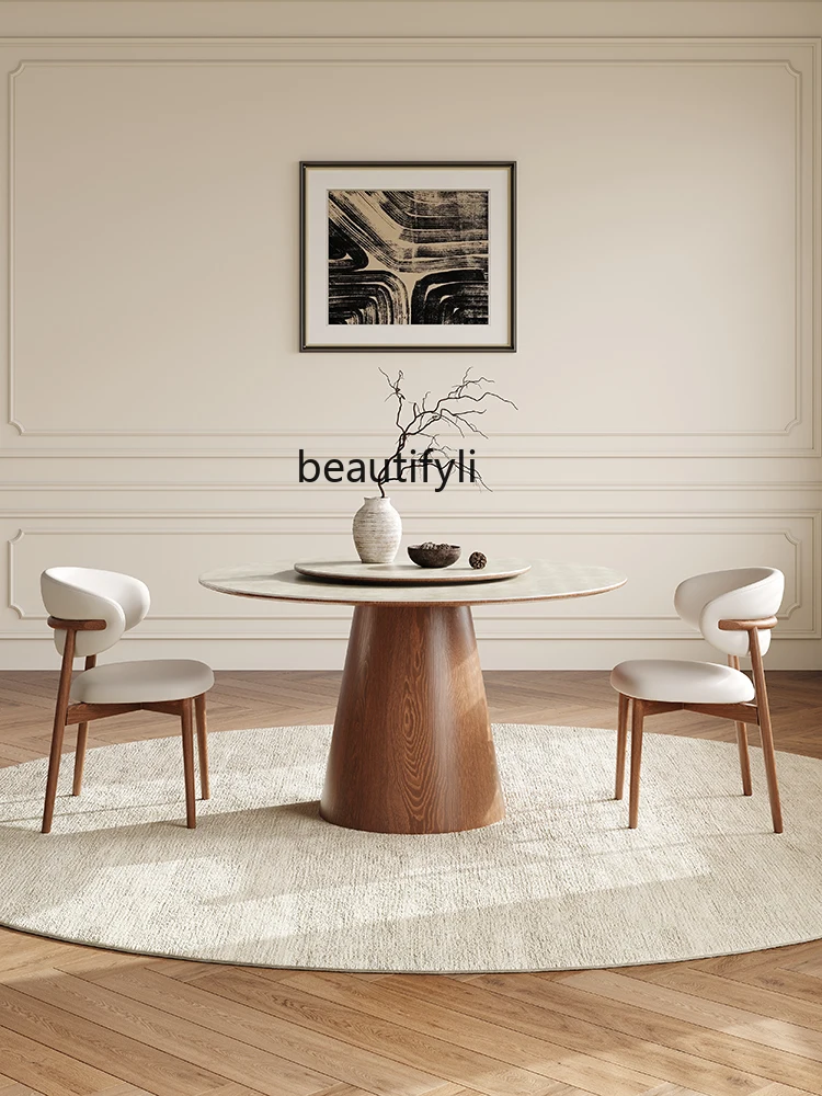 French Solid Wood Stone Plate Dining Table and Chair Assemblage Zone Turntable Household Small Apartment Modern Minimalist