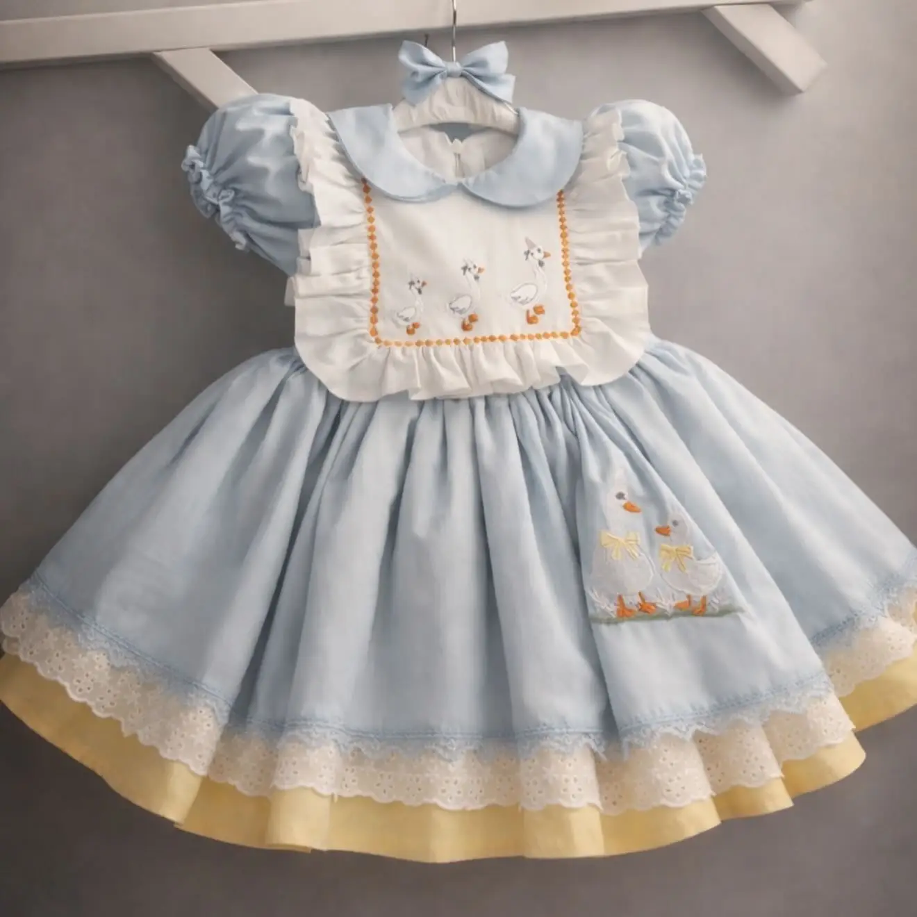 Summer Girl Sweet Five ducks Embroidered Blue Yellow Puffy Dress for Casual Party Birthday Wedding Photography
