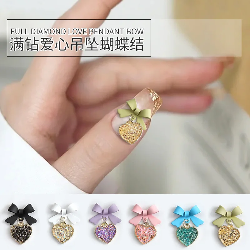 

5Pcs Sweet Design Nail Art Designs Charms 6 Colors Bow Heart Alloy Crystal Rhinestones Full Diamond Nail Pendant Jewelry