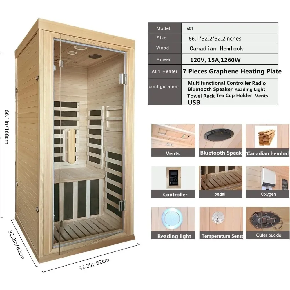 Home Infrared Sauna Room 1 Person Wooden Canadian Hemlock 1260W Low Magnetic Graphene Carbon Plate Heater Indoor Saunas