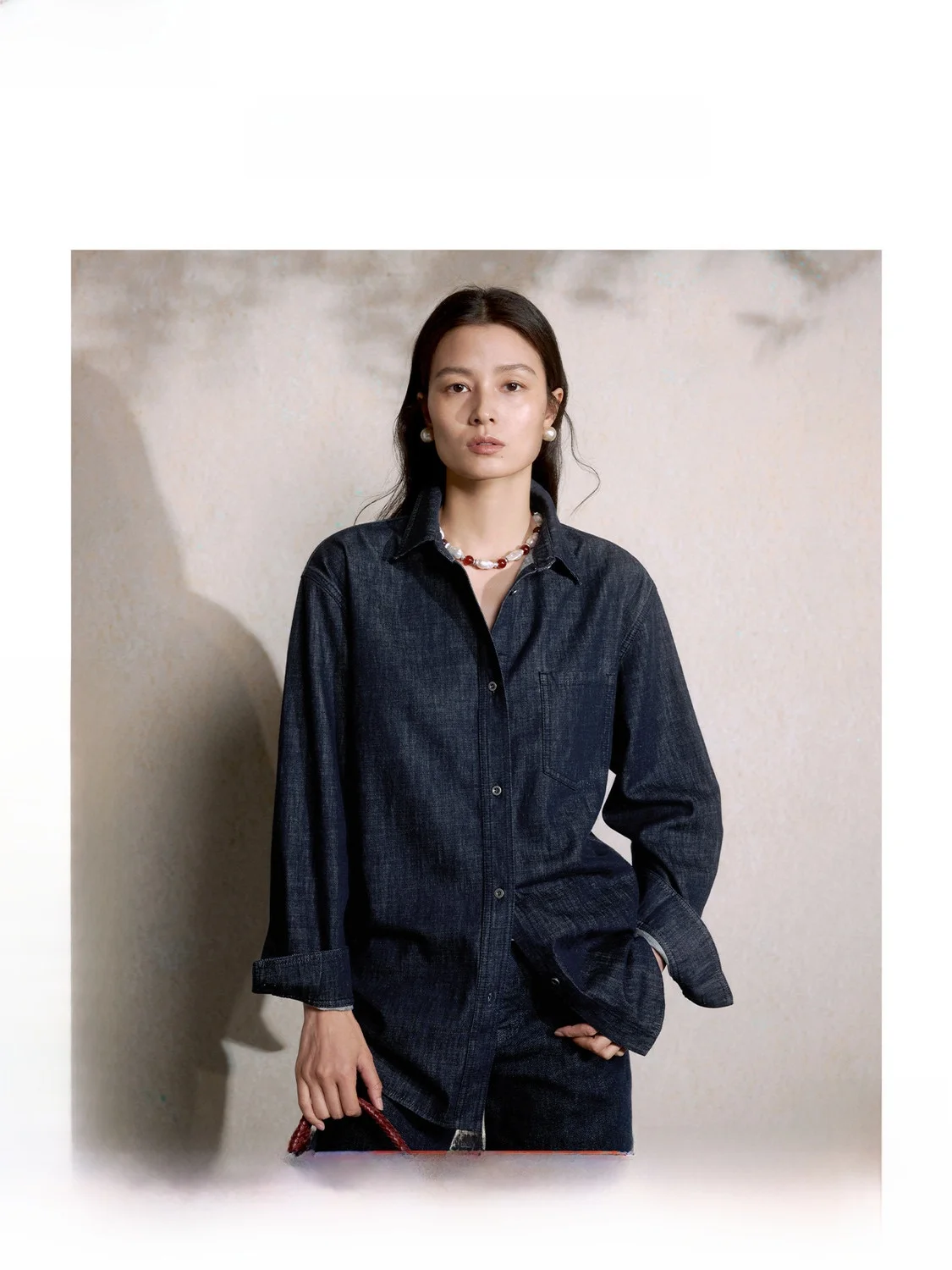 

Non-fading ZHIZHI Yangzhou Slow Hong Kong Style Retro Original Jeans Color Long Sleeve Women's Shirt Cotton Pure Color Loose Fit