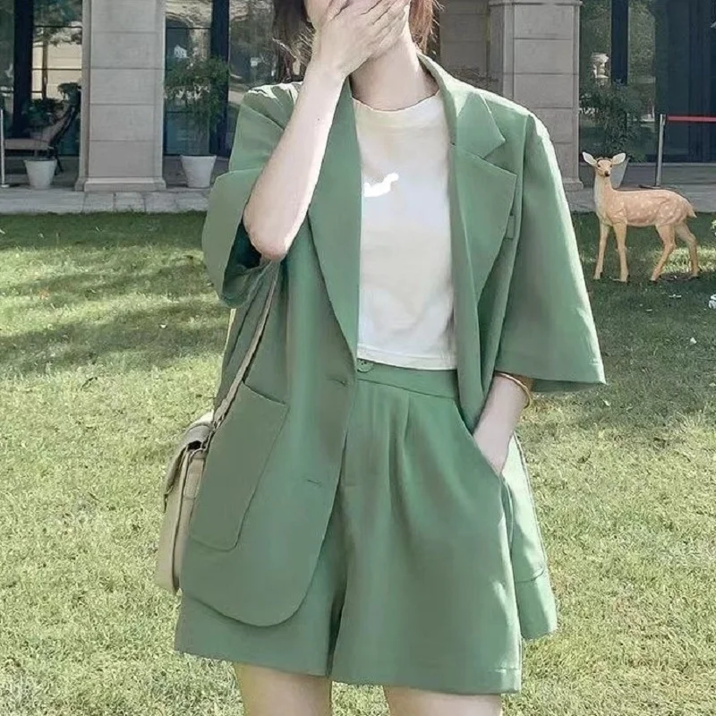 2023 Summer New Korean Version Casual Suit Coat Shorts Two Piece Set Fashion Solid Color Small Suit Set Women's Thin Style