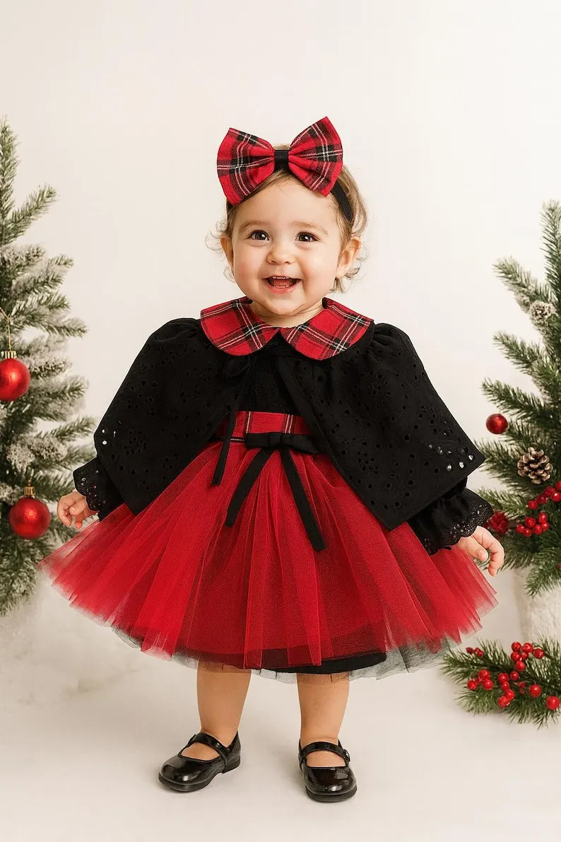 

Flower Girls Dress Baby First Christmas Dress : Red Plaid Velvet Tulle Outfit , Handmade for Wedding Party