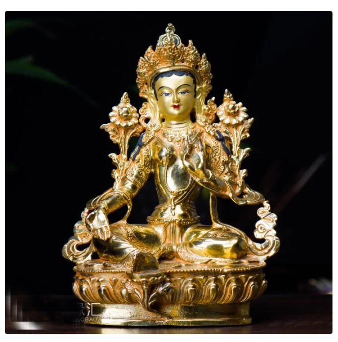 20cm TALL# GOOD Green Tara Buddha Buddhist bless family home Safety wealth efficacious gilding statue