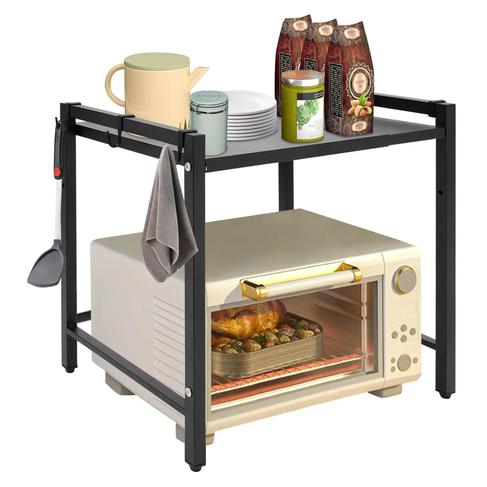 رف فرن ميكروويف قابل للتمديد، رف طاولة مطبخ قابل للتعديل شديد التحمل، حامل ميكروويف من طبقتين مع 6 خطافات لملابس المطبخ