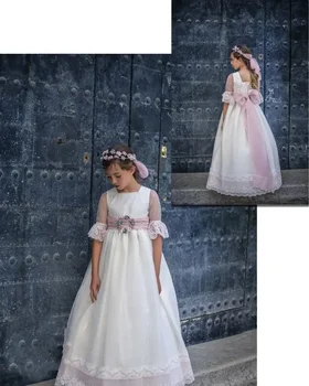 Vintage Kommunionkleid Blumenmädchenkleider Halbarm Spitze Hochzeit Party Geburtstag Prinzessin Kleid Quadratisches formelles Ballkleid