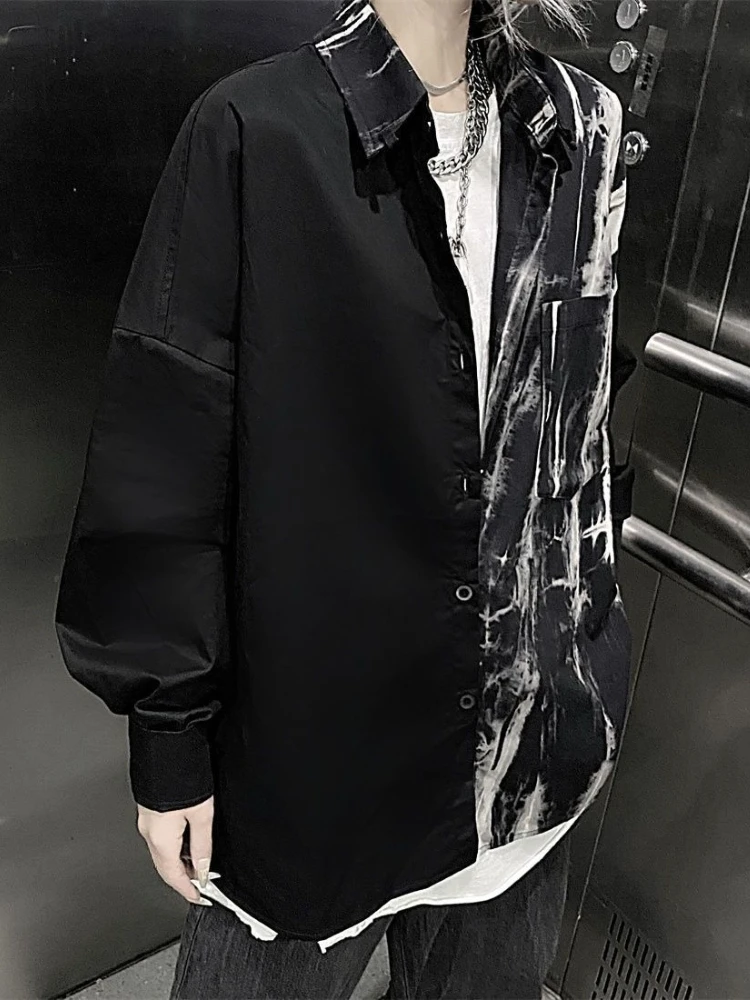 

Американская винтажная блузка с принтом тай-дай, повседневная лоскутная блузка с длинными рукавами и воротником-стойкой, свободный карман Y2k, верхняя одежда унисекс