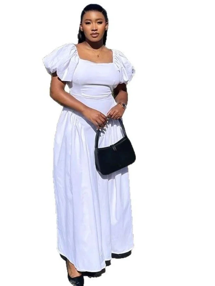 

High Waist White Maxi Dress for Women with Lantern Sleeves Ruched Design African Style White Sundress Casual Wedding Dresses