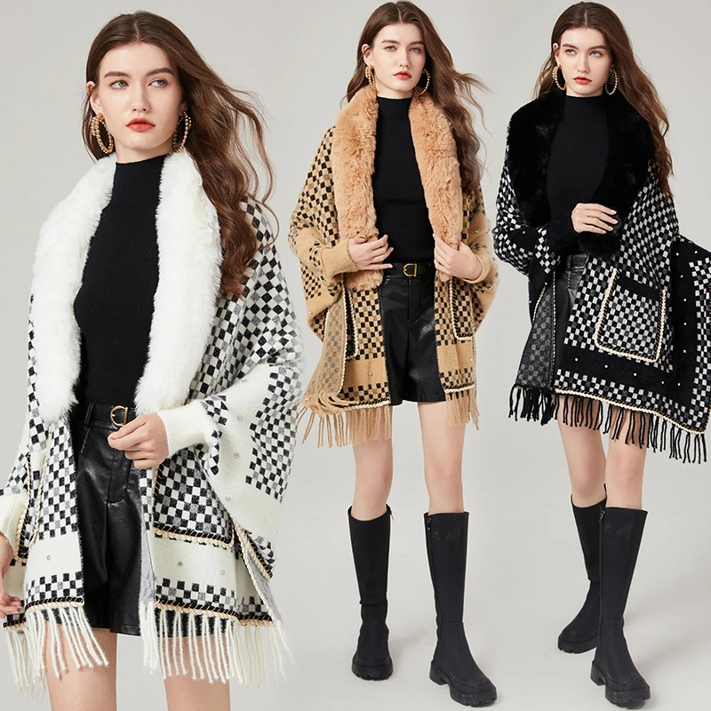 

Bonnie thea Autumn Winter Plaid Sweater Coat Women Luxury Elegant Fleece Large Collar Sweater Cardigan Warm Tops 2023 new