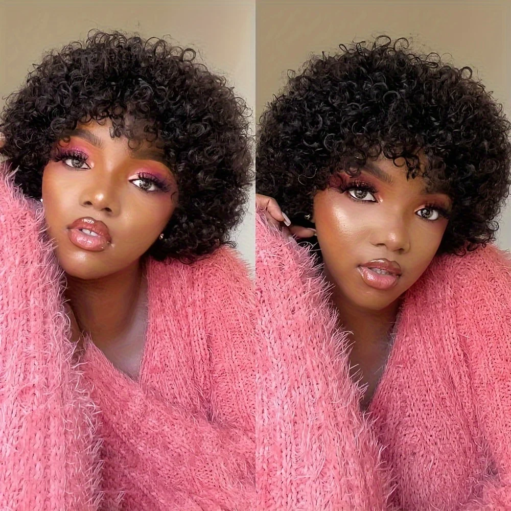 

100% Human Hair Pixie Cut Wigs 6 inch Afro Kinky Curly Full Machine Made Wig For Women Natural Color