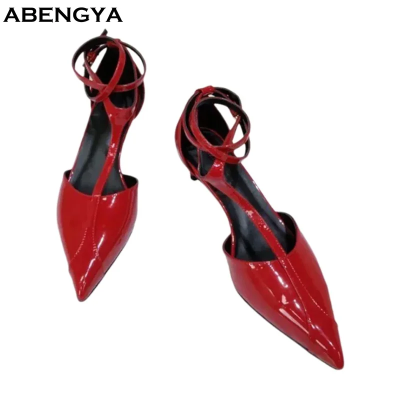 

2026 Red Leather Thin High Heels Shoes Woman Pointy Toe Ankle Strap Mules Dress Shoes Summer Fashion Party Banquet Shoes Women