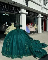 Vestido de princesa verde esmeralda con hombros descubiertos, quinceañera, cuentas, fiesta de cumpleaños, flores, dulce 16, 2024