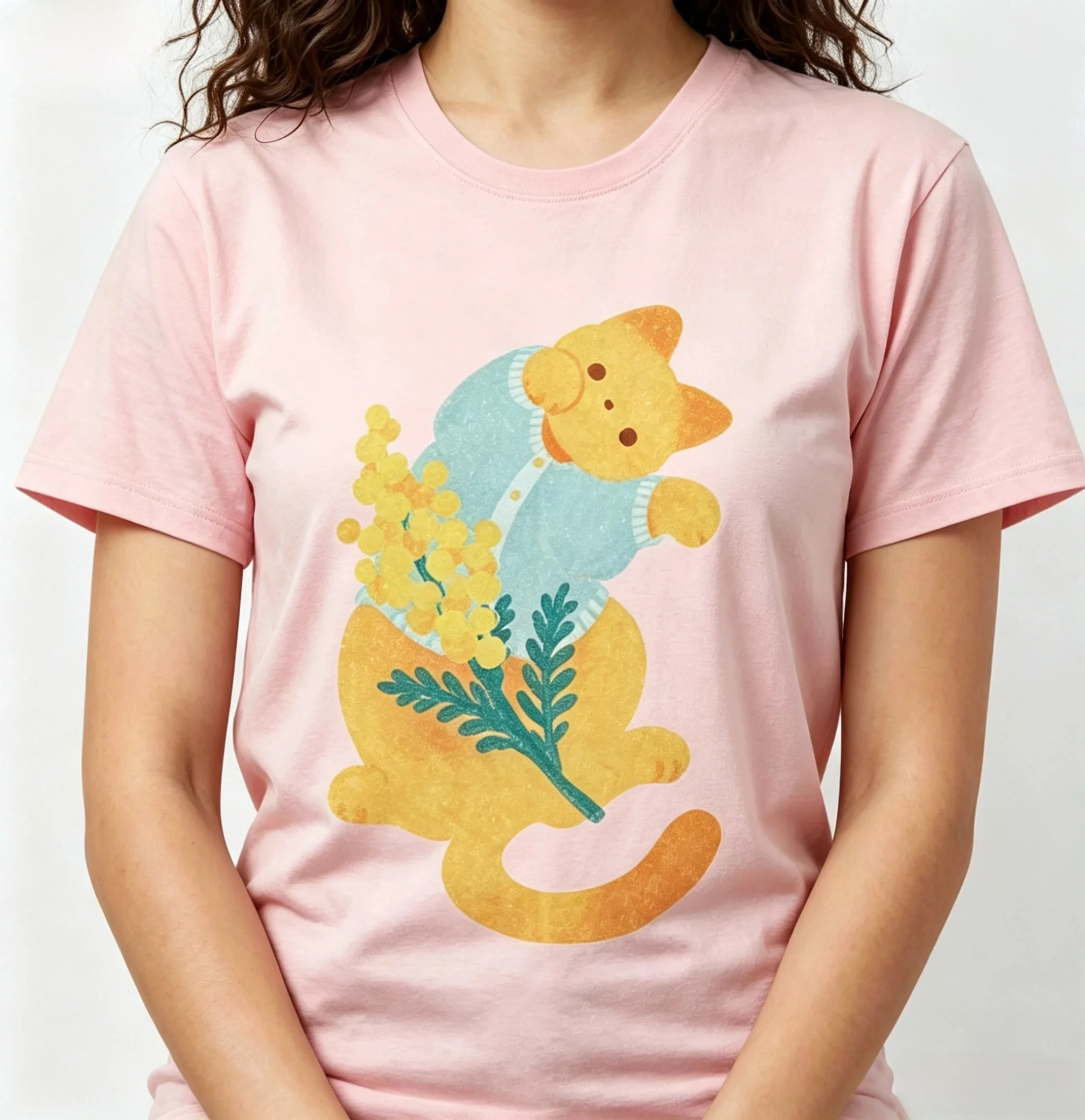Women's Cute Cat With Mimosa Flower Graphic T‑Shirt, Soft Pastel Cartoon Kitty Floral Art Print Casual Short Sleeve Tops