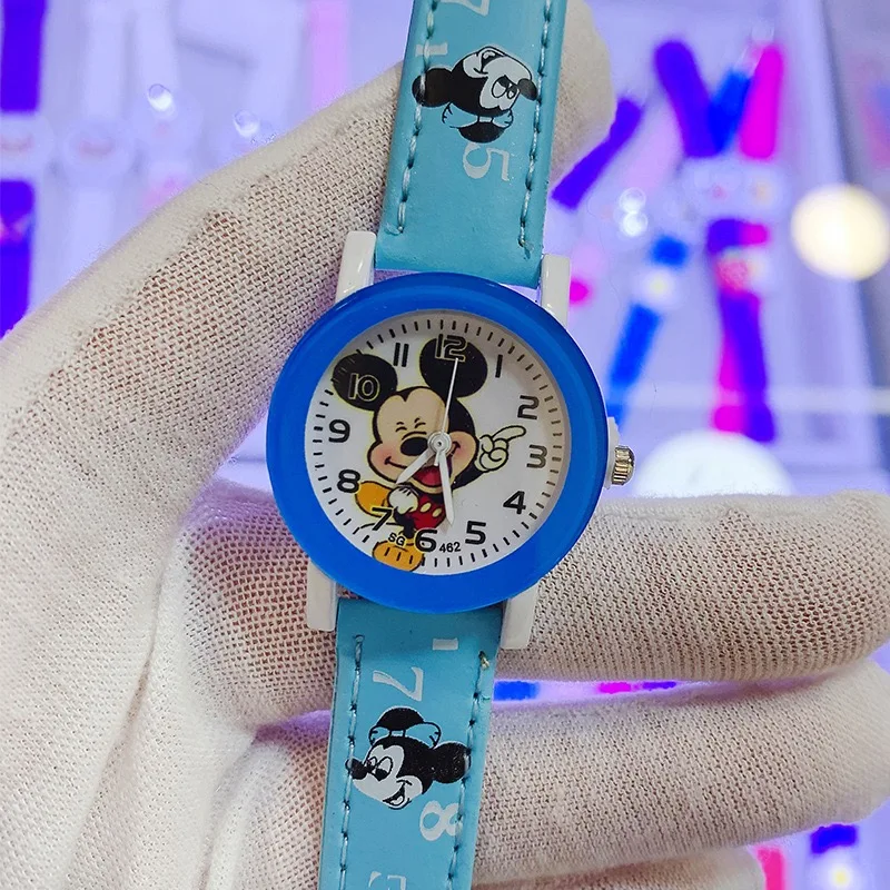 Детские часы с изображением Микки Диснея, кожаный ремешок, кварцевые часы для мальчиков и девочек, студенческие часы, праздничный подарок