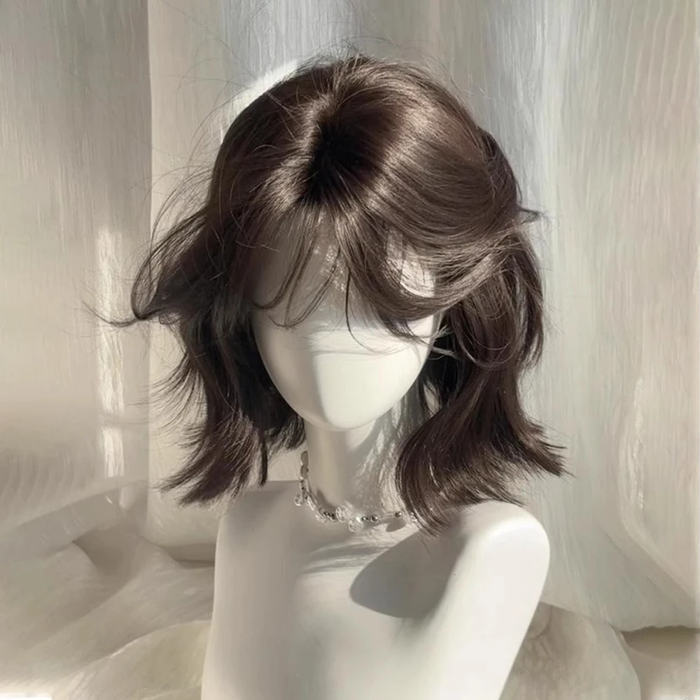 الاصطناعية قصيرة متموجة شعر مستعار أسود بني مع الانفجارات رقيق المرأة لوليتا شعر مستعار تأثيري مقاومة للحرارة للحزب اليومي #4
