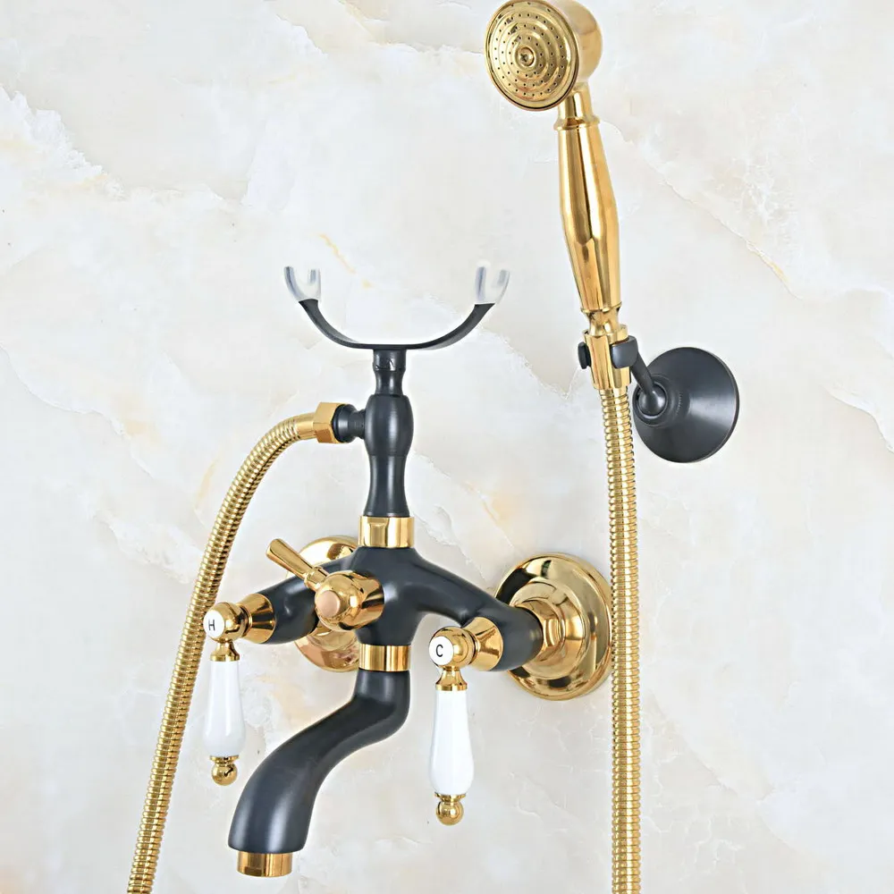 Gold & Black Oil Rubbed Brass Wall Mounted Bathroom Bath Tub Faucet Set with 1500MM Hand Held Shower Spray Mixer Tap 2na551