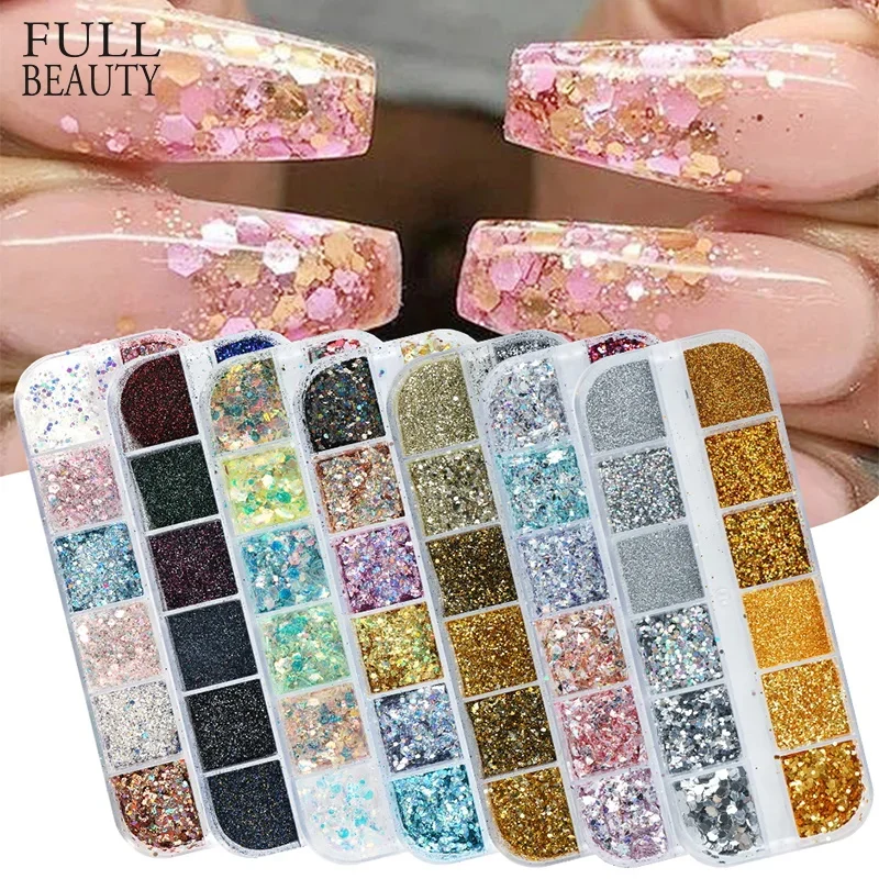 Holographic Nail Glitter Flakes Sequin 12pcs in 1 Rose Gold Silver DIY Butterfly Dipping Powder for Acrylic Nails Tools CH1585