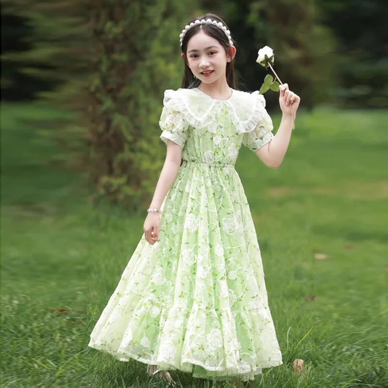 Girls Summer Dresses New Children\'s Princess Gown Big Kids Short-sleeved Dress Teen Girls Peter Pan Collar Clothing 4-12Y