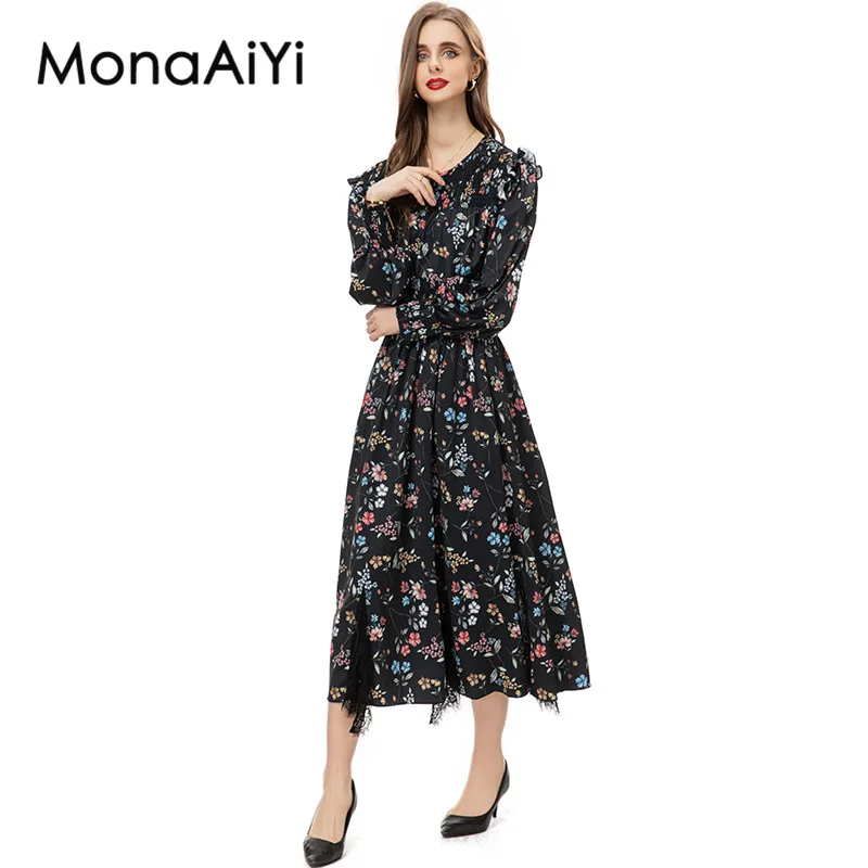 MonaAiYi Fashion Designer HIGH STREET Set Women's Literary Flower Printing Top+Lace Spliced Skirt Set 2pcs 2023 Newest