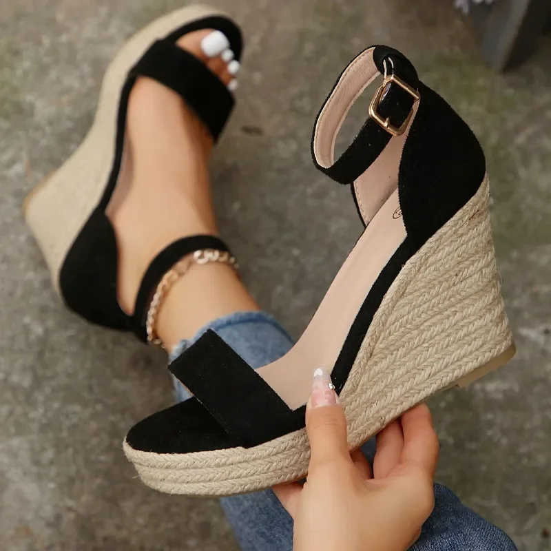 Women Wedge Heel Solid Color Round Toe Thick Soled Shoes 2024 New Buckle Strap Summer Elegant Daily Sandals Simple Women Sandals