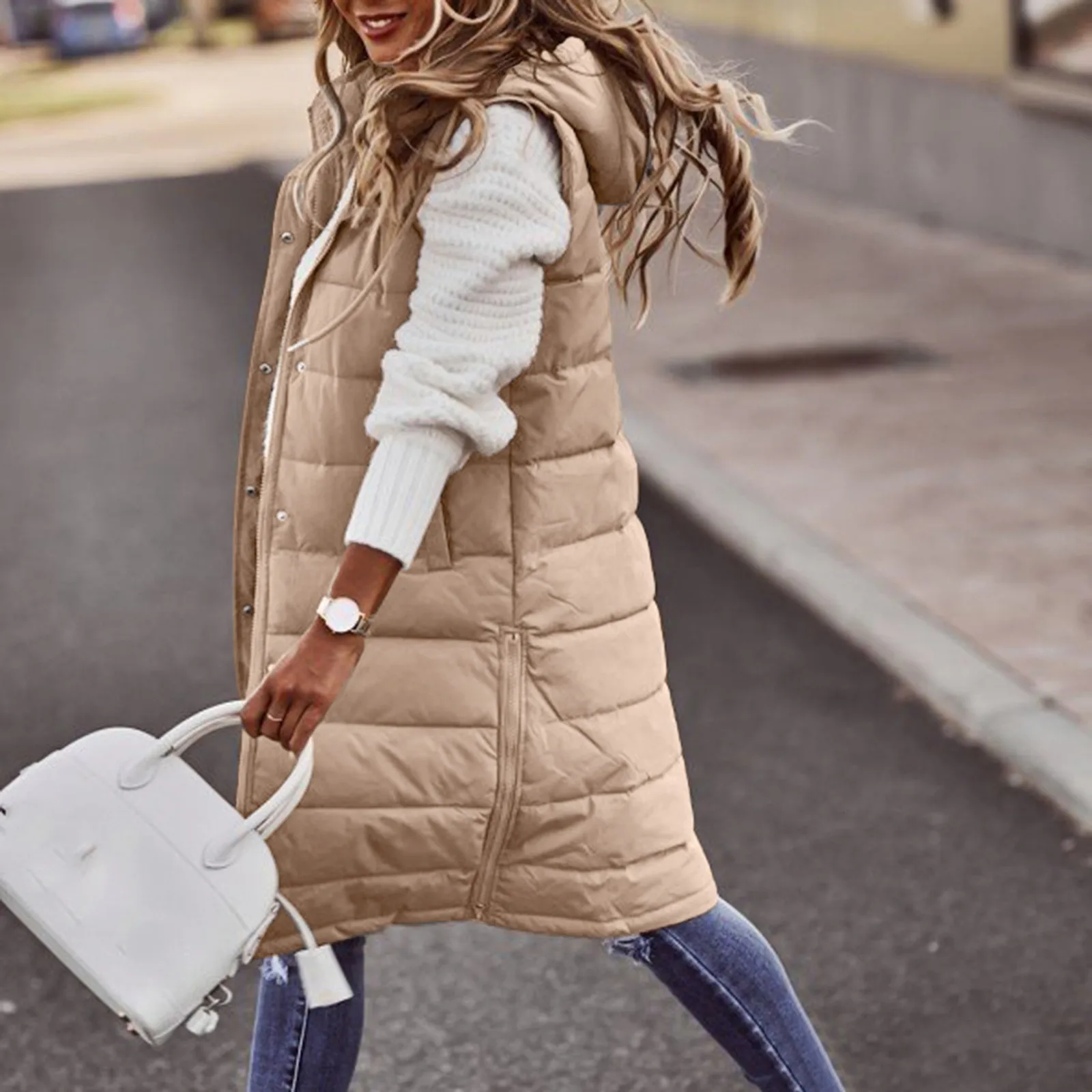 Women\'s Long Coat Vest With Hood Autumn Winter Sleeveless Warm Cotton Down Coat Waistcoat Quilted Vest Down Jacket Outwear