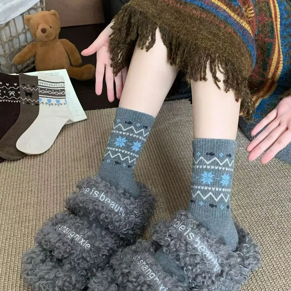 1/4 Pairs Printed Warm Women Socks Anti-Cold Breathable Stacked Socks Medium Tube Tights Autumn Winter