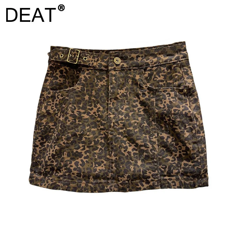 

DEAT Women's Denim Skirt Leopard Printed Camouflage Wrap Hips A-line Black Short Miniskirts 2024 Autumn New Fashion 11A01440