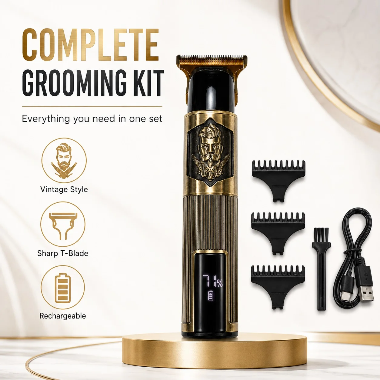 High-Quality Retro Gentleman's Hair Clipper, Men's Cordless Rechargeable Trimmer, Professional Precision Blade, Hairline and Sideburns Trimming Tool, Retro Embossed Design, Includes Three Guide Combs and Cleaning Accessories, Suitable for Gift-Giving, Home Use, and Barber Shops.