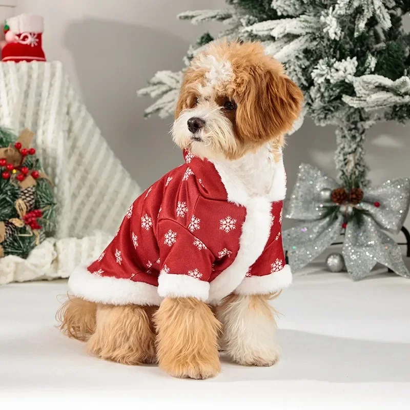 Pet Dog Clothes Thick Classic Snowflakes Puppy Teddy Thick Cotton Coat with Added Velvet Jumpsuit Hooded Christmas Winter Plush