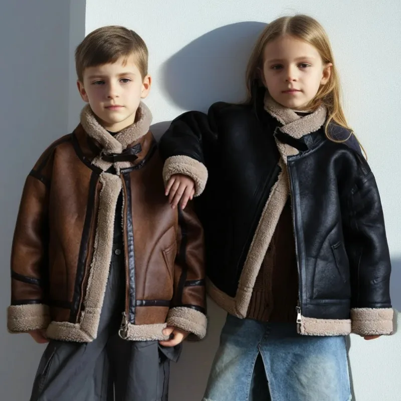 Boys Suede Leather Jacket Warm Shearling-lined Thickened Kids Winter Coats Girls Faux Fur Outerwear Teen Children Top Clothes