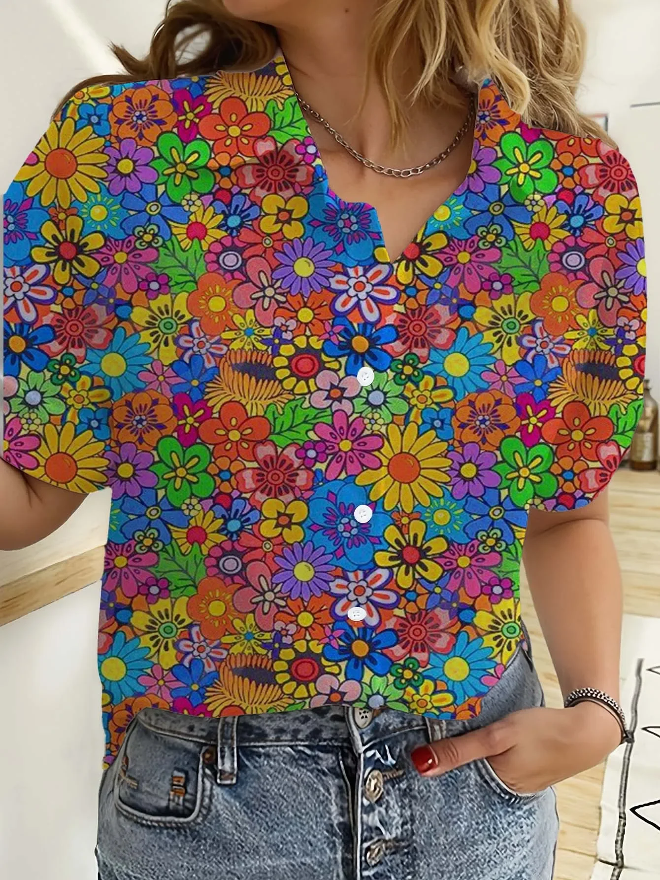 Camisas havaianas femininas manga curta botão floral rosa impresso topos casuais camisas de praia verão nova blusa de girassol topos femininos