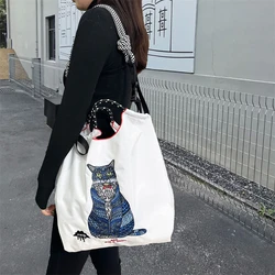 Kawaii Ball Chain Canvas Bag White Cat Girl Foldable Large Capacity Handbag Oxford Shoulder Embroidered Nylon Bag Girl Gift