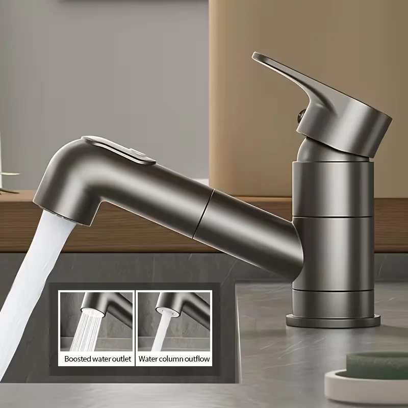 Bathroom sink faucet, single hole installation, thin, hot and cold water, pull-out faucet, base mounted, rotating basin faucet