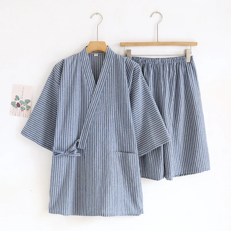 New 100% Cotton Thin Striped Pajamas for Men and Women Kimono Short-sleeved Shorts Pijamas Couple Summer V-Neck Home Clothes