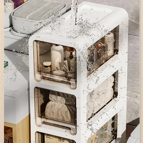 3 Tier Narrow Bathroom Floor Cabinet PP Waterproof with Wheels Brakes Smooth Glide Drawers for Small Bathroom Bedroom Kitchen Dorm