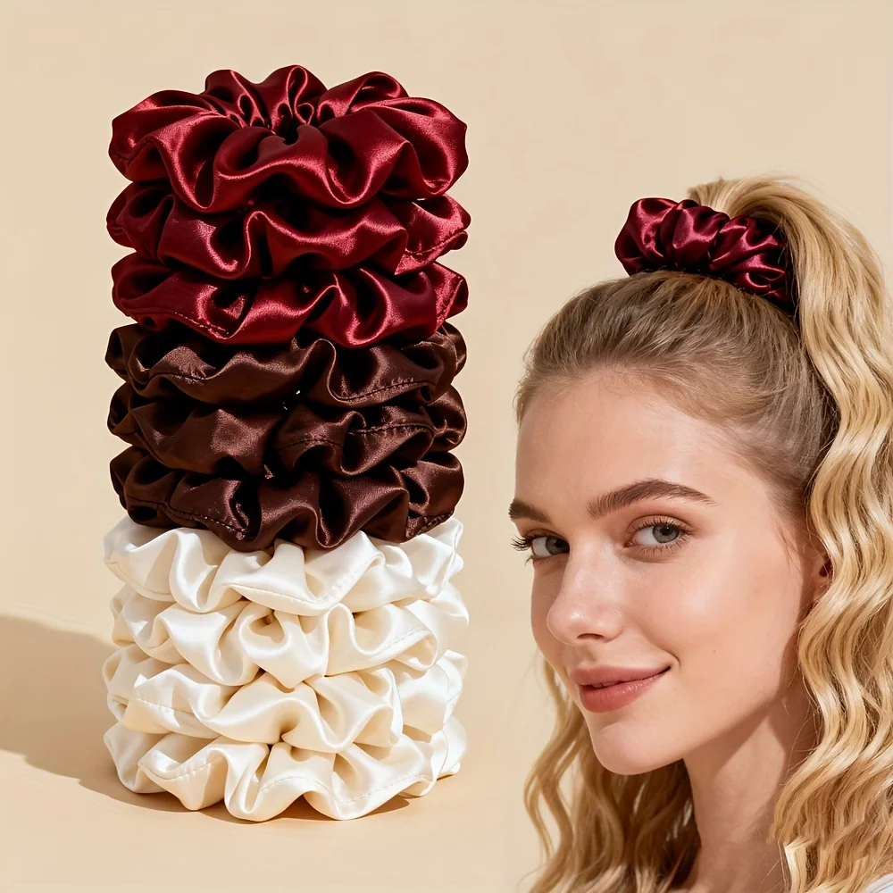

10-Pack of Hair Ties in Random Colors, Large Faux Silk Scrunchies, High Elasticity, Non-Damaging Hair Accessories, Satin Hair Ties for Women