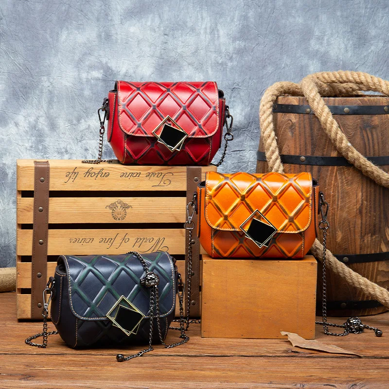 

Vintage Top Layer Cowhide Leather Small Bag Faionable Single oulder Crossbody Bag with Chain for Women