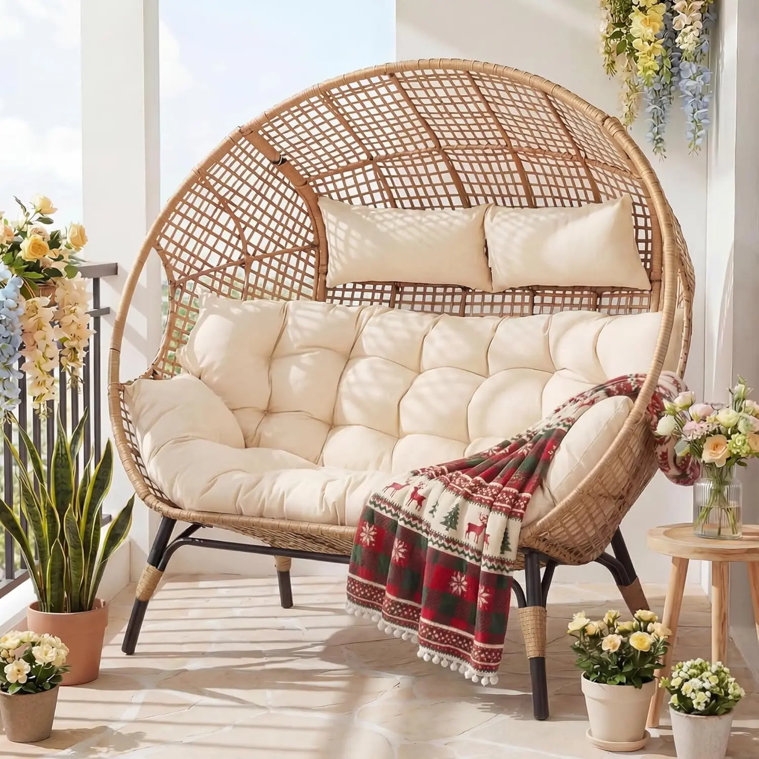 

Double Egg Chair for 2 Person, Stationary Wicker Loveseat with Cushion and Legs, 680 lbs Sturdy Rattan Seat, Beige