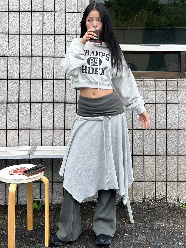 

Weird Puss Letter Print Hooded 2 Piece Set Women Casuals Chic Shirring Full Sleeve Crop Top+Patchwork Irregular Hem Streetwear