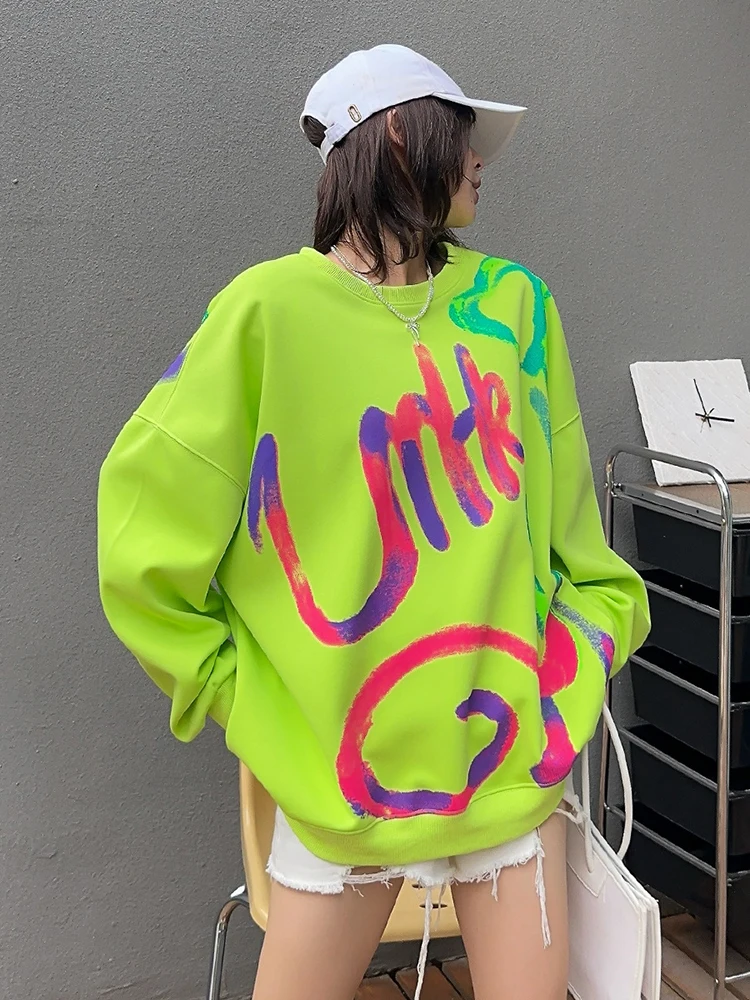 Graffiti Pullover O Neck Long Sleeve Oversized Tops Women 2024 New Y2k Clothes Casual Loose Sweatershirts Sportwear Outwear