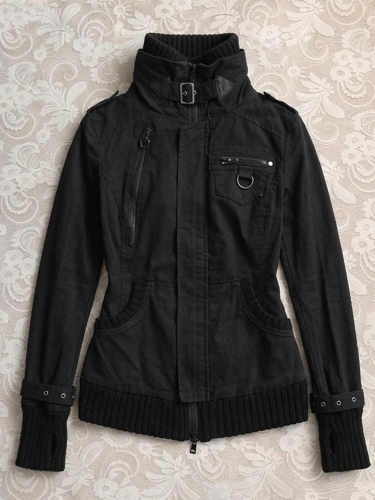 Women Edgy Cropped Moto Biker Jacket High Neck Buckle Asymmetrical Zip Pockets Ribbed Hem Techwear Alt Punk Streetwear Y2K New