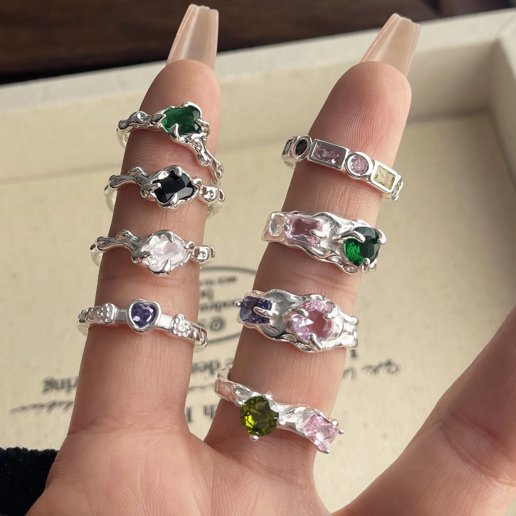 925 Sterling Silver Rings for Women Men Couple Minimalist Handmade Simple Green Zircon Ring Party Jewelry Gift Prevent Allergy