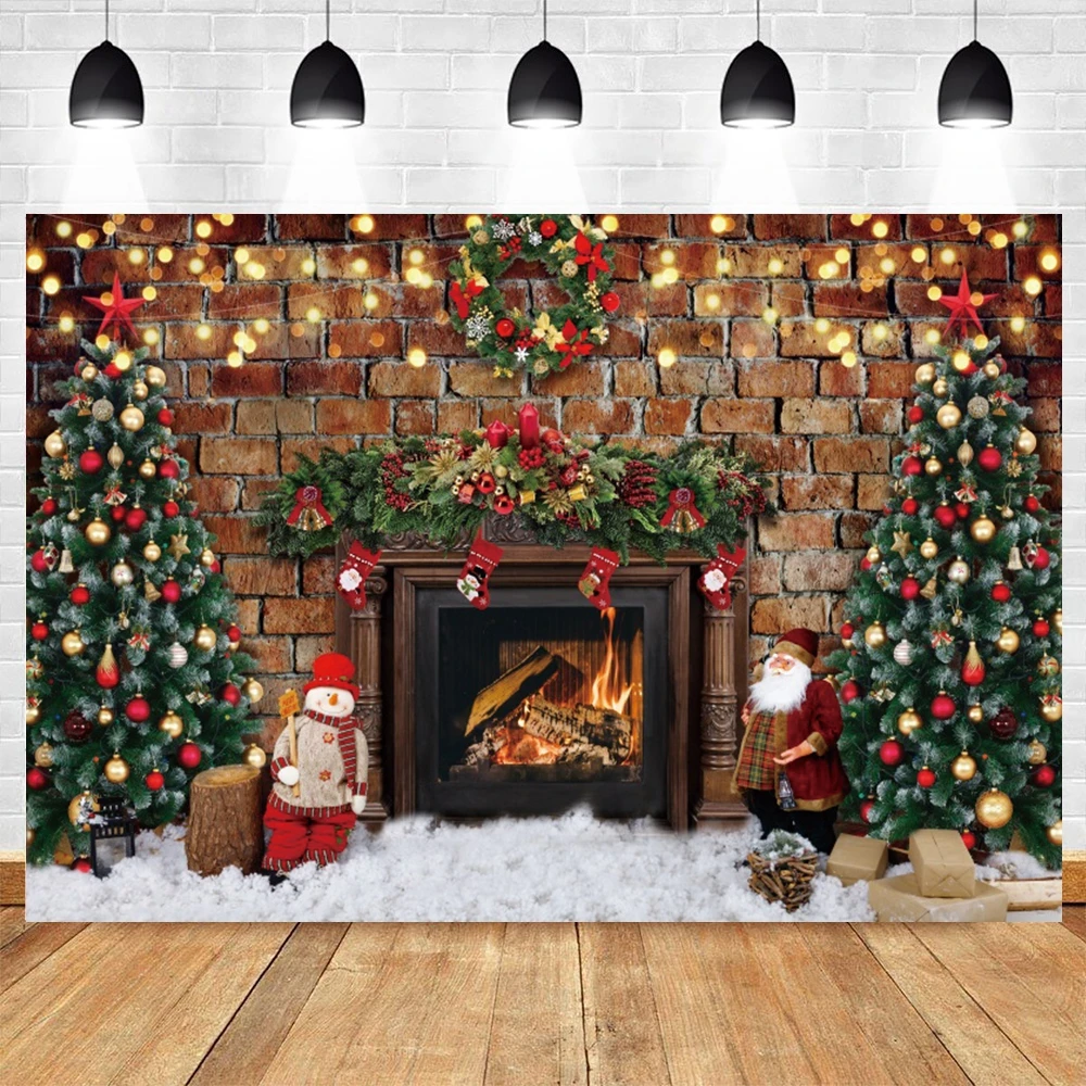 Christmas Fireplace Background for Photography Winter Xmas Wooden Window Tree Gift Party Decor Backdrop Portrait Photo Studio