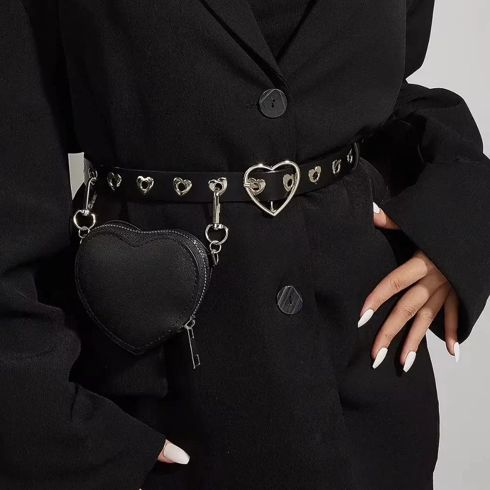 Punk Heart Metal Buckle PU Leather Waist Bag Adjustable Gothic Love Heart Fanny Packs Y2K Detachable Bag Belt with Bag Travel