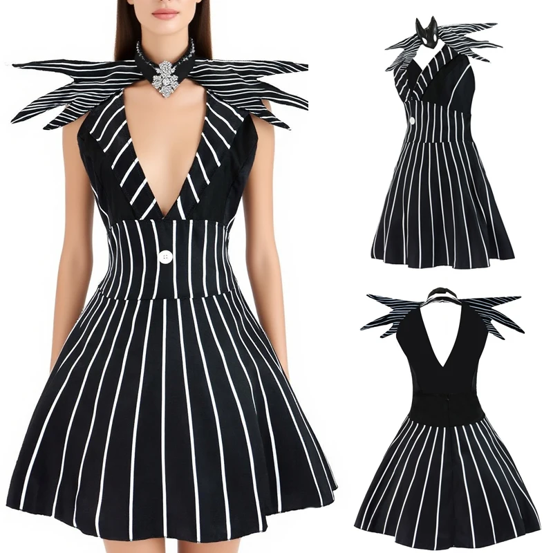 

Disney The Nightmare Before Christmas Cosplay Jack Black and White Striped Dress Cosplay Jack Halloween Performance Costume