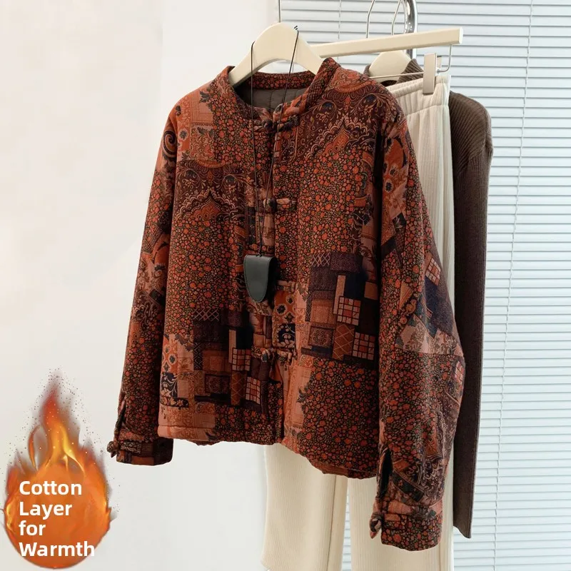 Retro Chinese Sle Dames Katoen Jaet Winter Nieuwe Grote Maat Losse Knoop Katoen Warmte Lichtgewicht Bovenkleding