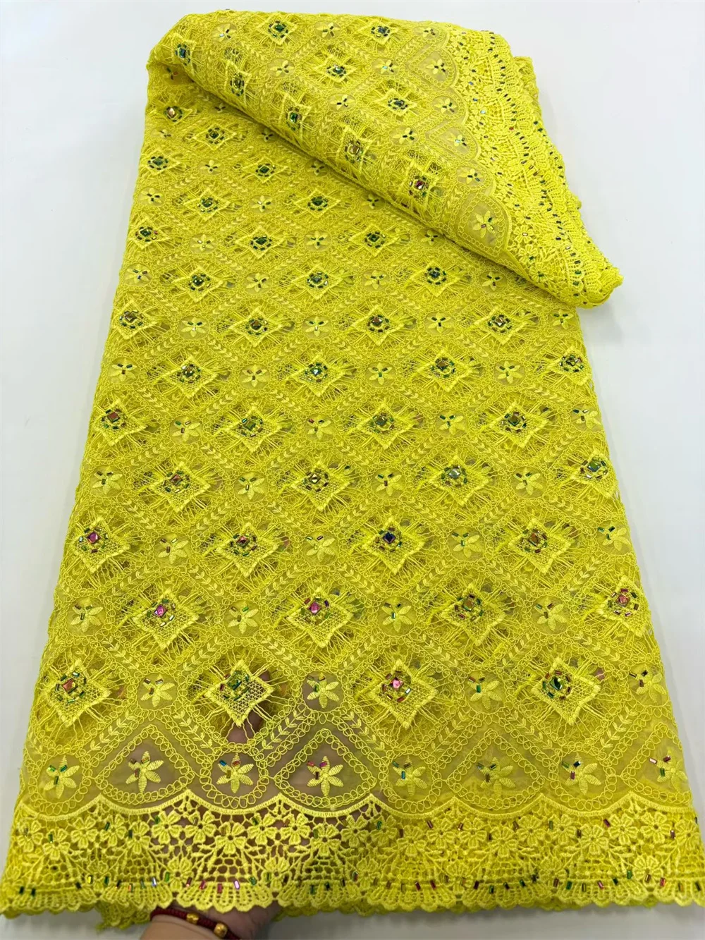 

African Lace Fabric 2025 High Quality 5Yard Chiffon Organza Lace Fabric Yellow Latest Stone Lace Fabric Dresses 2025 Women H37-1