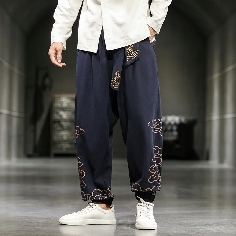 

2024 Spring Men's Pants Chinese Style Retro Auspicious Clouds Print Pants Men's Fashion Cotton Linen Loose Casual Harem Trousers